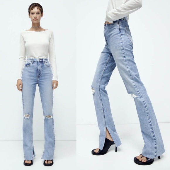 Zara Denim - ZARA Slim Flare Light Wash Distressed Hem Slit Hem Jeans